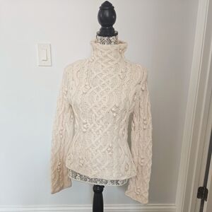 Dana Buchman Cream Cable Knit Alpaca Blend Sweater With Pom Pom Small